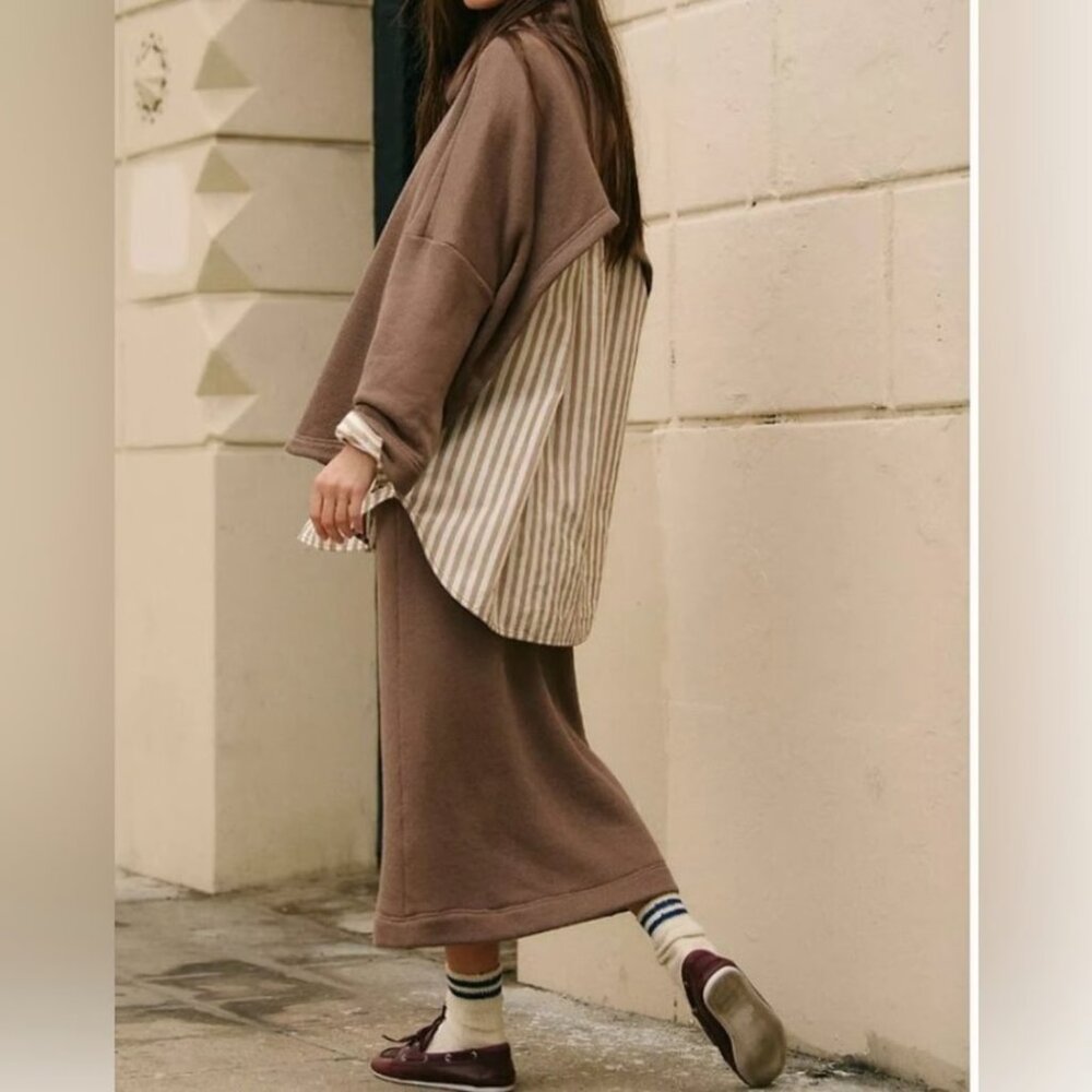 FREE PEOPLE Milley Co-ord Skirt Set brown Long Sleeve Top & Maxi Skirt Size XS - Picture 2 of 8